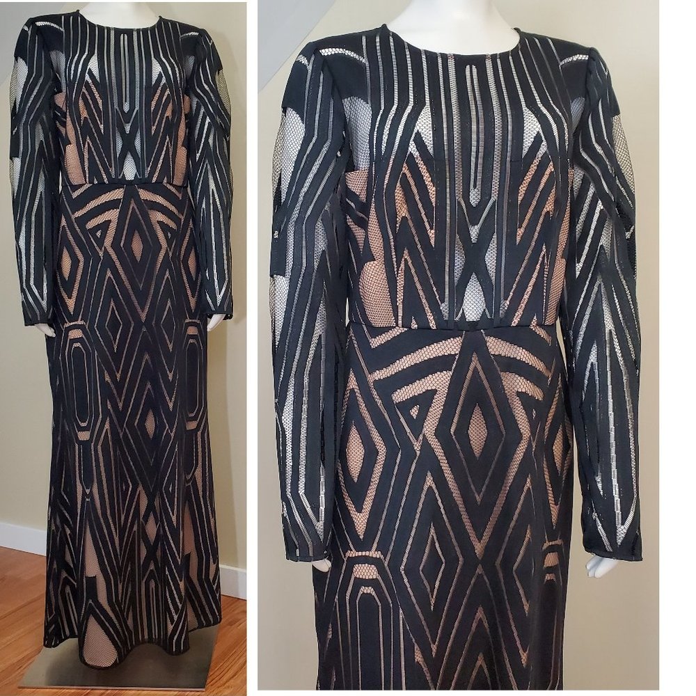 BCBGMAXAZIRA VEIRA DRESS geometric Illusion Boho Maxi Dress Sz 10 black/Nude